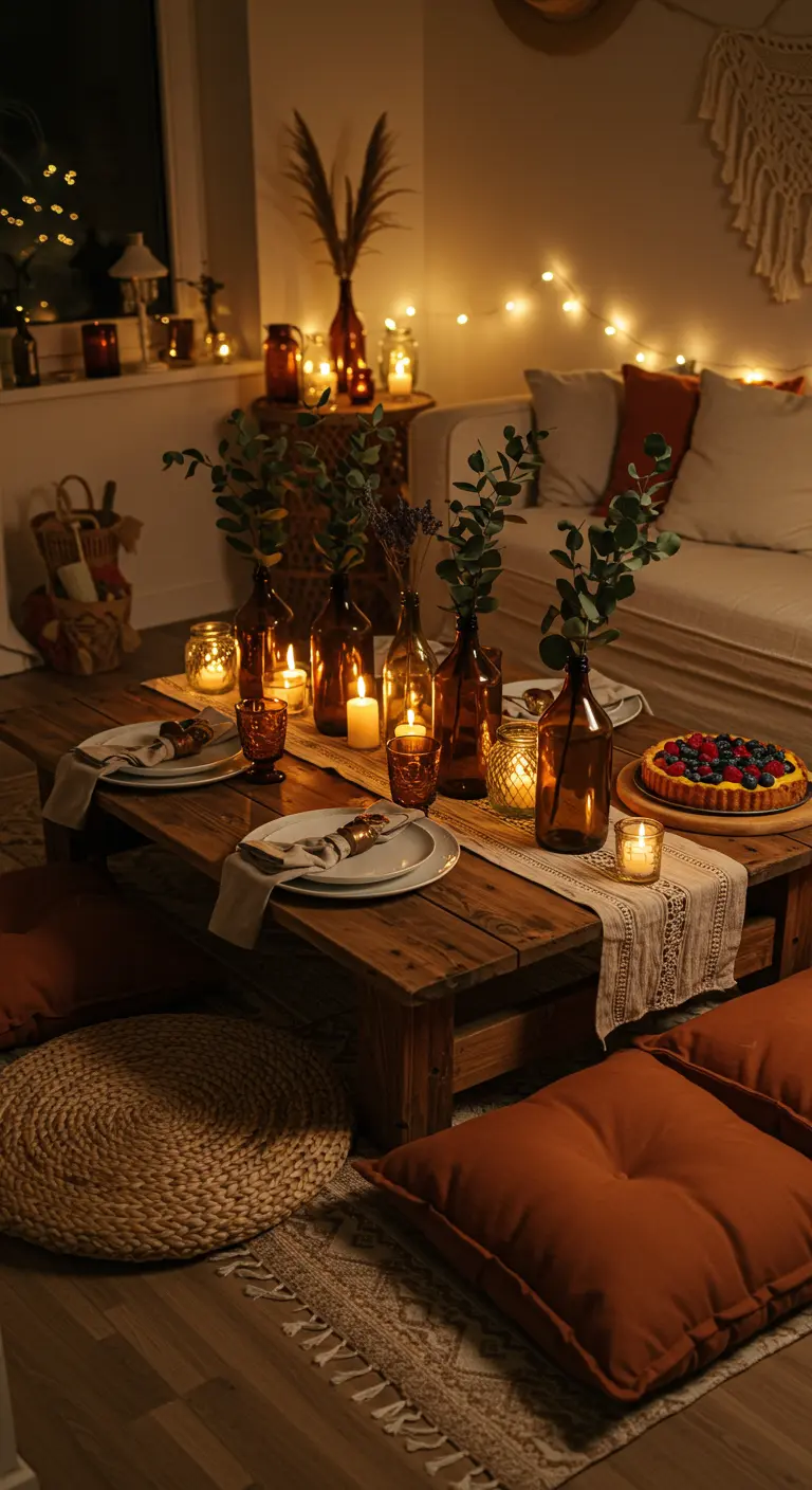 Table basse en bois, coussins au sol, bougies et plantes, guirlandes lumineuses, ambiance chaleureuse.