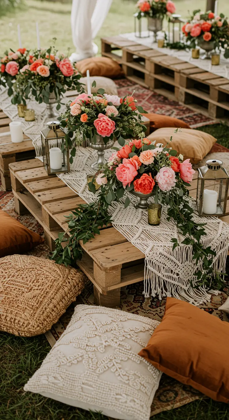 Espace lounge de mariage bohème avec tables basses en palettes, coussins, pivoines corail et lanternes.