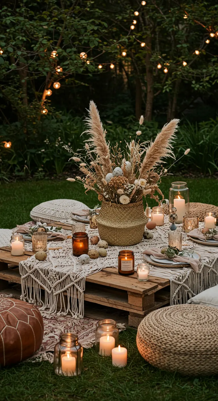 Table basse en palettes avec décor de Pâques bohème chic, fleurs séchées, bougies et coussins au sol.