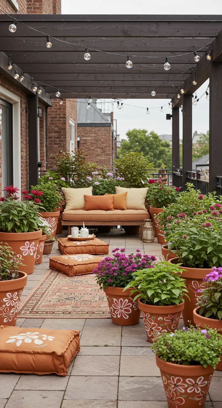 Terrasse bohème avec de nombreux pots en terre cuite peints, coussins au sol et lumières