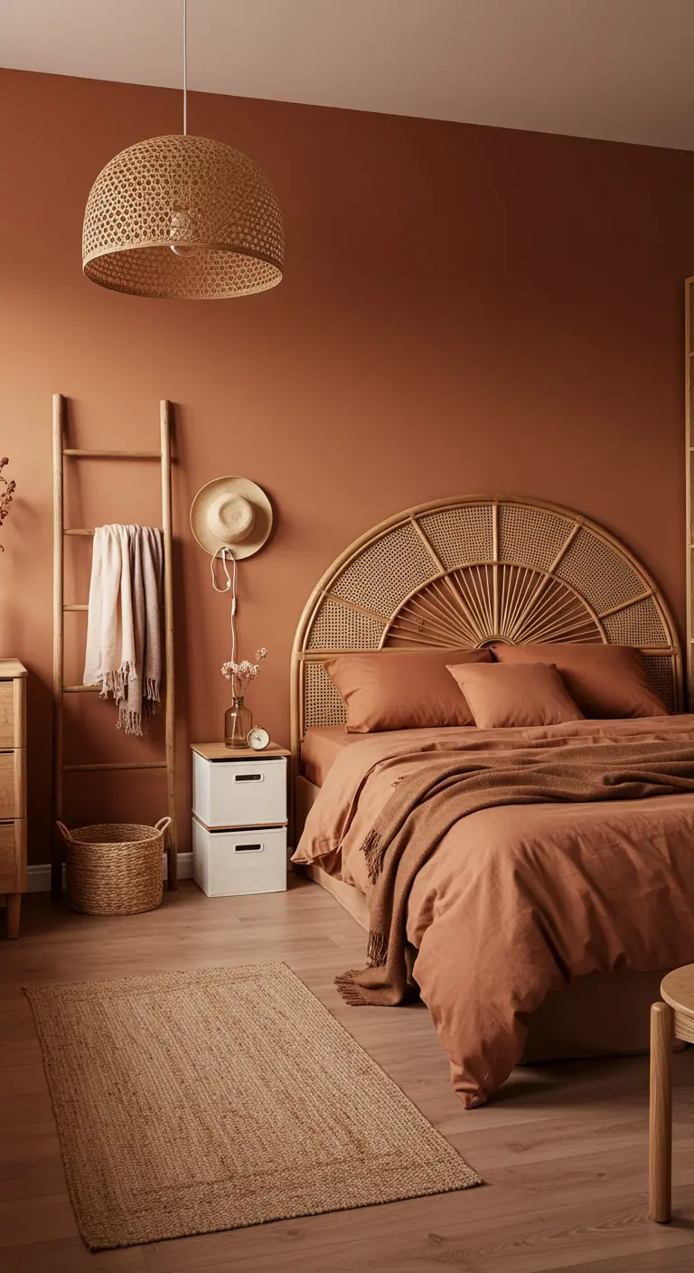 Chambre bohème aux murs terracotta avec une tête de lit en rotin et une échelle décorative.