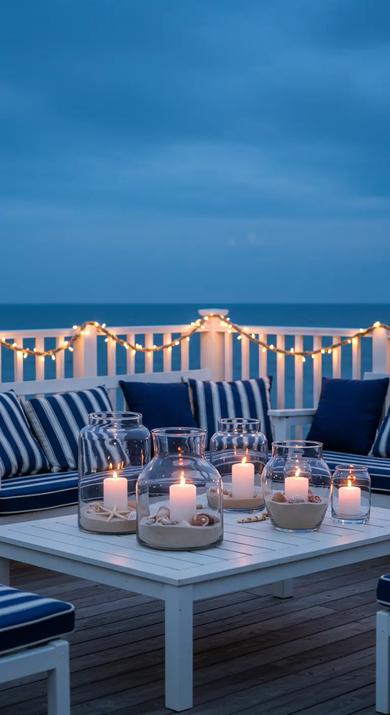 Terrasse en bois blanc avec vue sur mer, guirlande et bougies dans du sable.