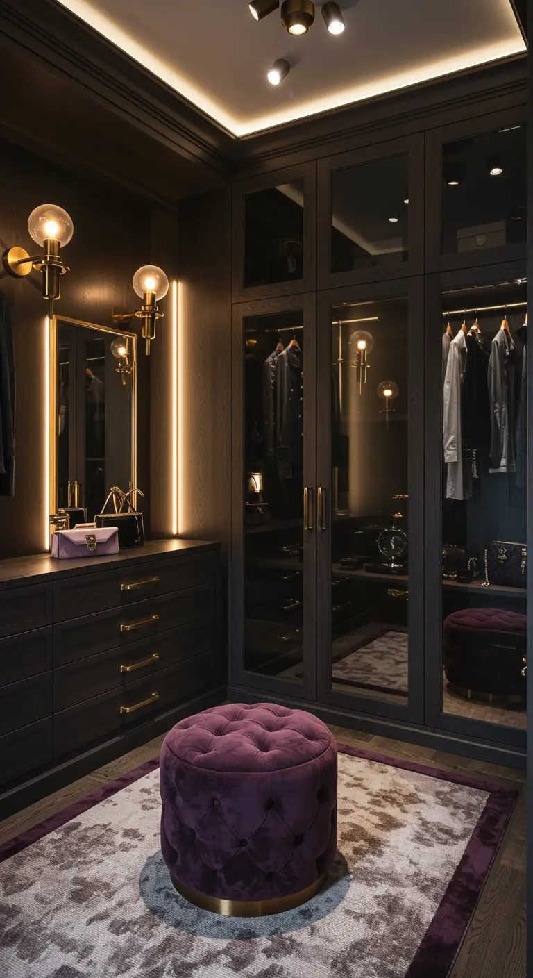 Dressing sombre luxueux, miroir rétroéclairé, appliques dorées et pouf velours pourpre.