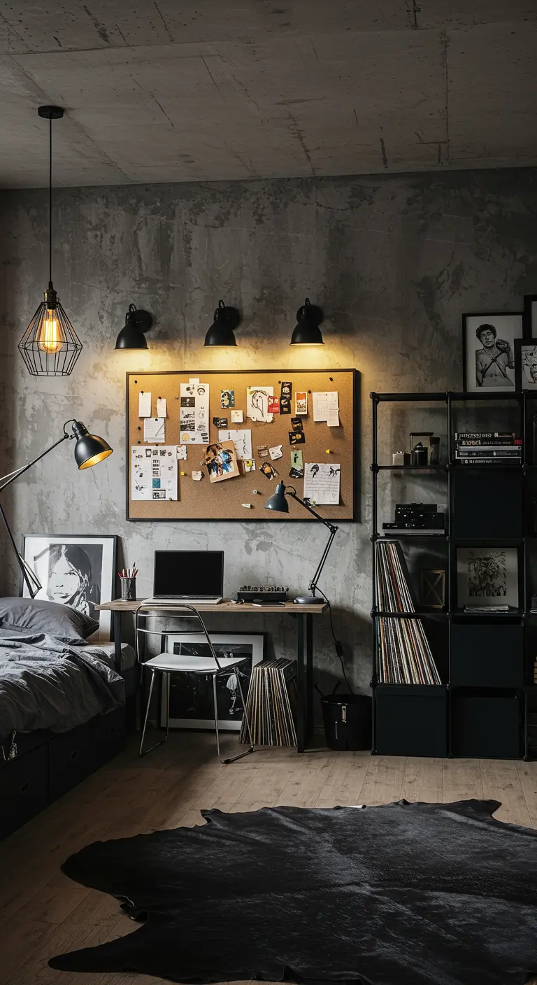 Chambre industrielle avec un mur effet béton, un tableau d'affichage en liège et des étagères métalliques noires.