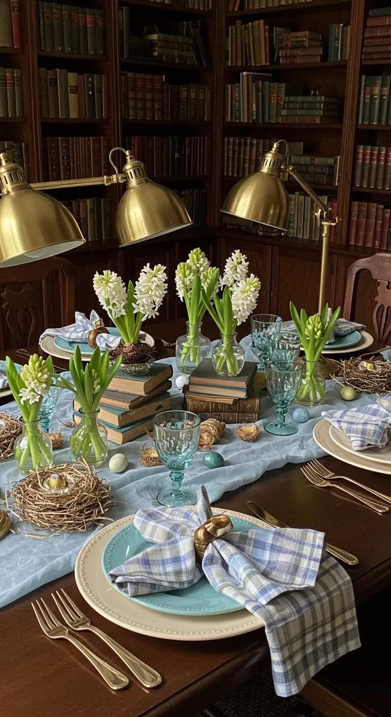 Table de Pâques dans une bibliothèque, avec des livres utilisés comme décorations.