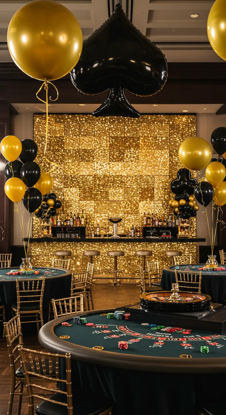 Décor de soirée casino avec un bar devant un mur de paillettes dorées et des ballons thématiques.