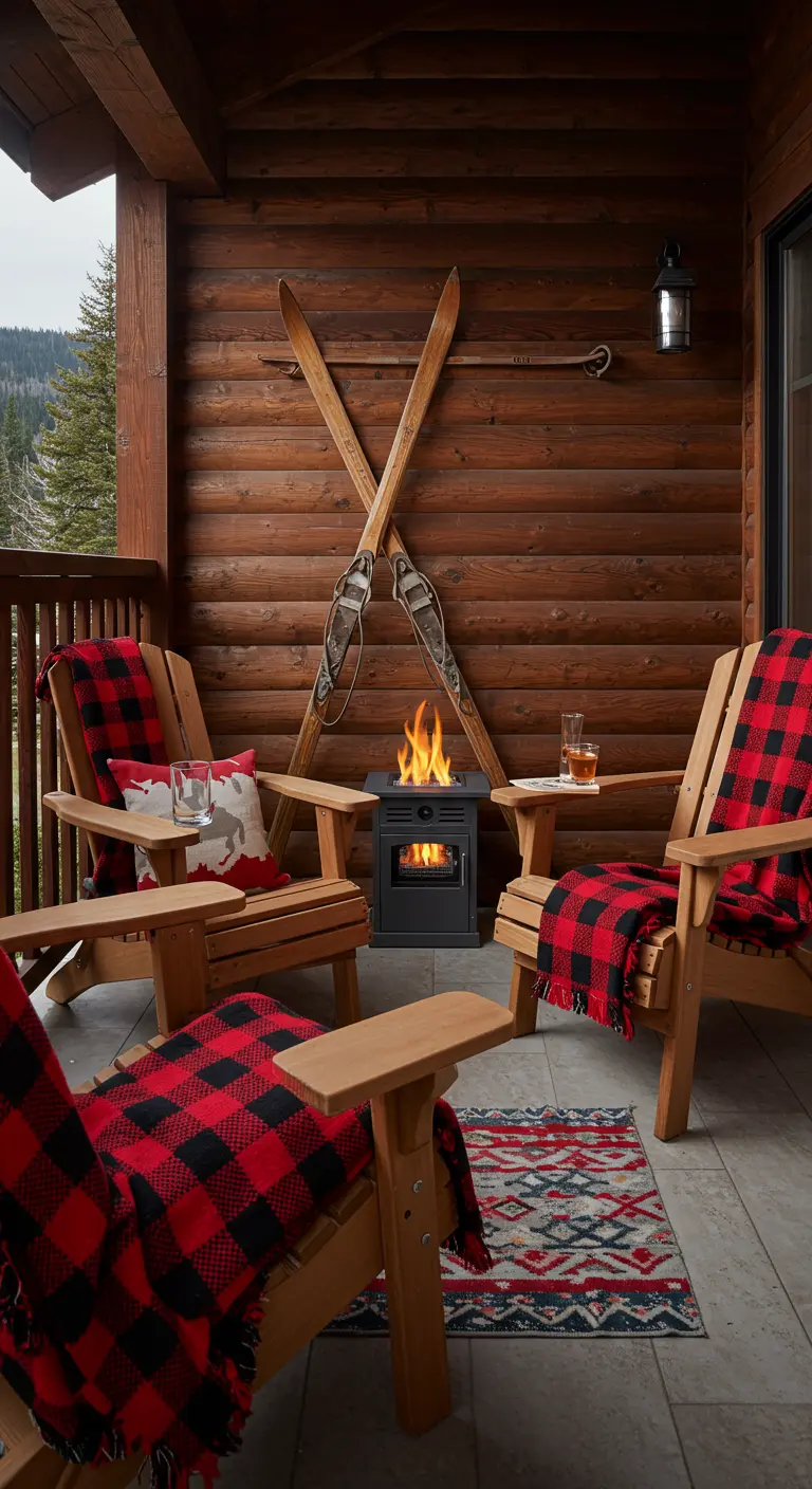 Balcon en bois de style chalet avec des chaises, des couvertures à carreaux et un petit foyer.
