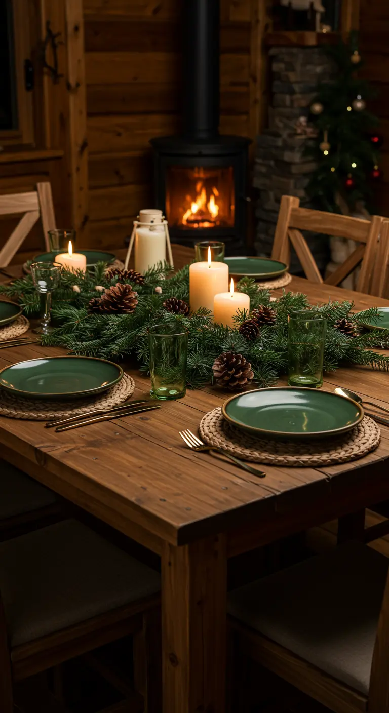 Table rustique avec chemin de table en sapin, pommes de pin et bougies, devant une cheminée allumée.