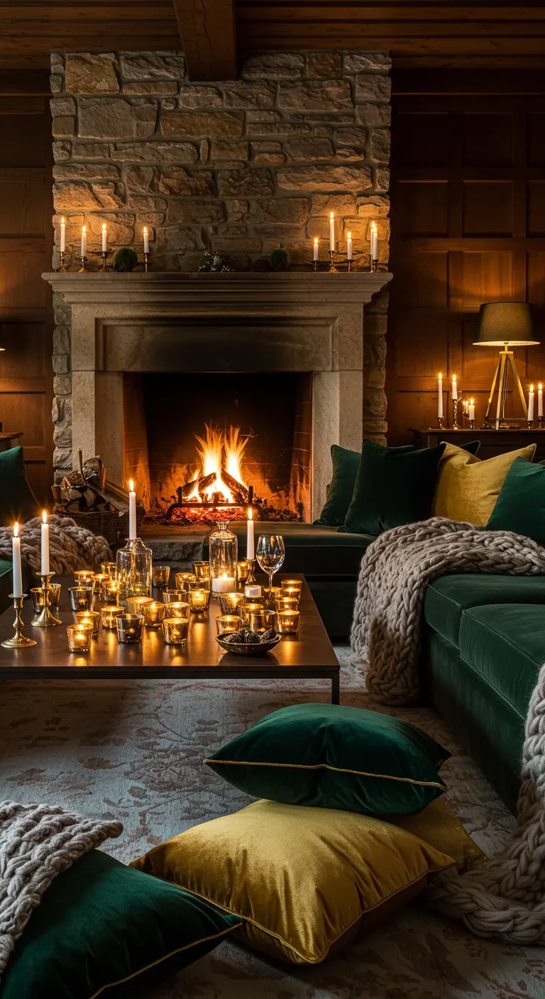 Salon avec cheminée en pierre, canapé en velours vert et de nombreuses bougies allumées.
