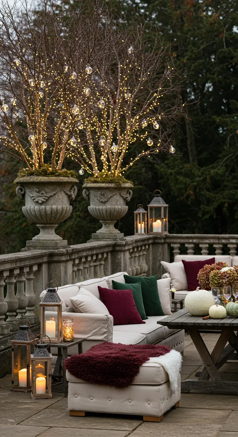 Grande terrasse élégante avec urnes, arbres lumineux, canapés, coussins colorés, peaux de mouton et lanternes.