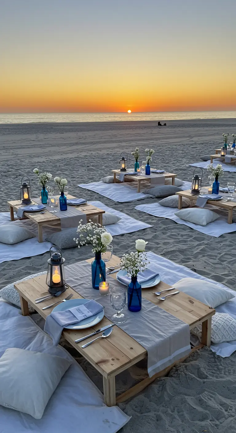 Plusieurs tables de pique-nique basses sur la plage au coucher du soleil, avec coussins, lanternes et fleurs blanches.
