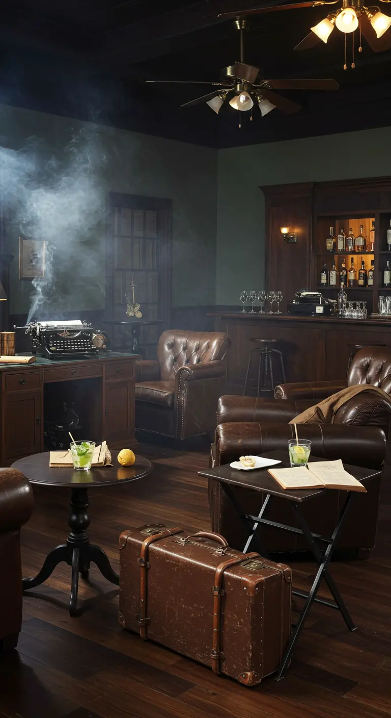 Lounge sombre avec fauteuils en cuir, machine à écrire et valise vintage.