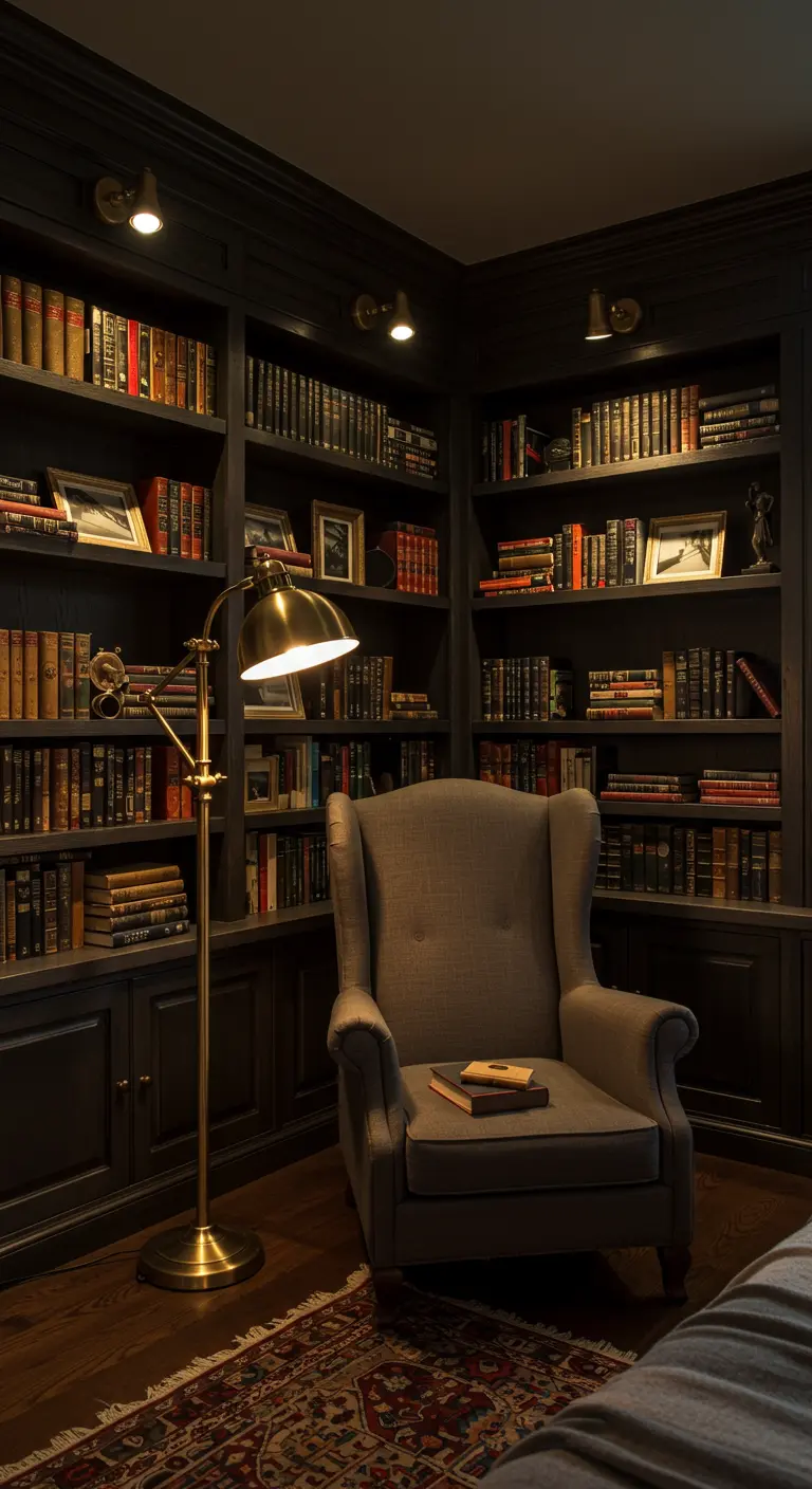 Coin lecture dans une bibliothèque sombre avec un fauteuil et un lampadaire en laiton.