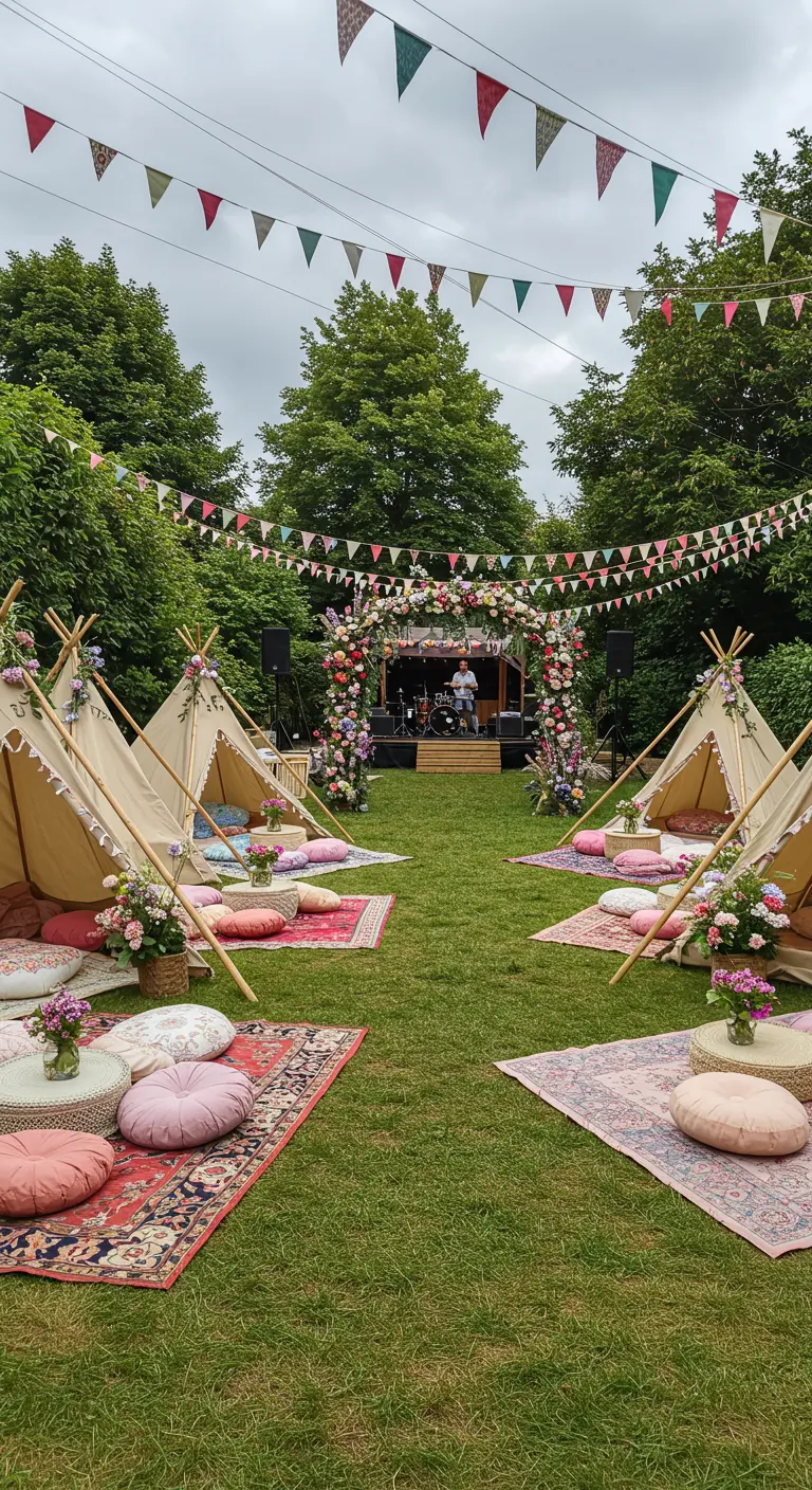 Fête de style festival avec des tipis, des tapis colorés au sol et une scène décorée de fleurs.
