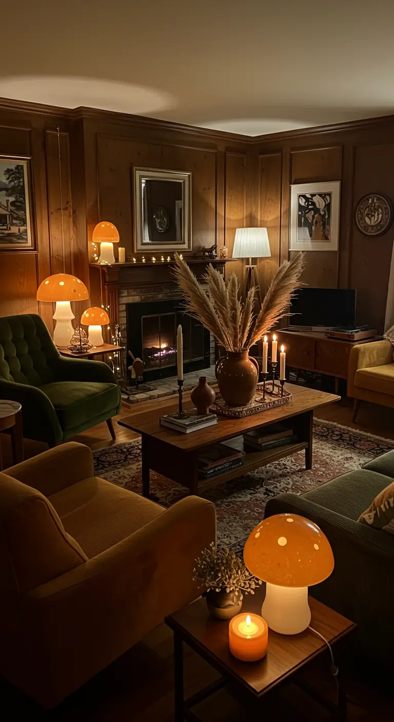 Centre de table avec herbe de la pampa et bougies, complété par des lampes champignons pour un salon cosy.