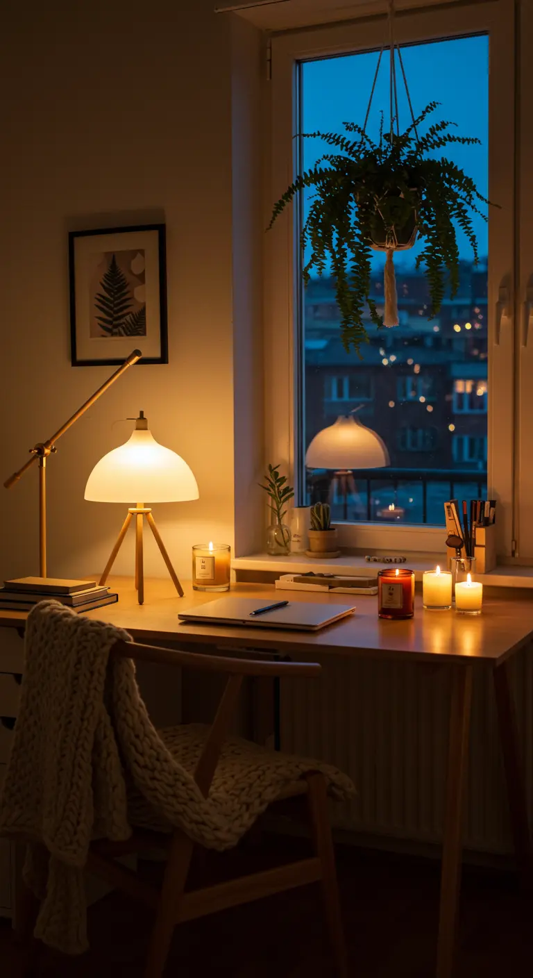 Bureau cosy éclairé par une lampe et des bougies la nuit.