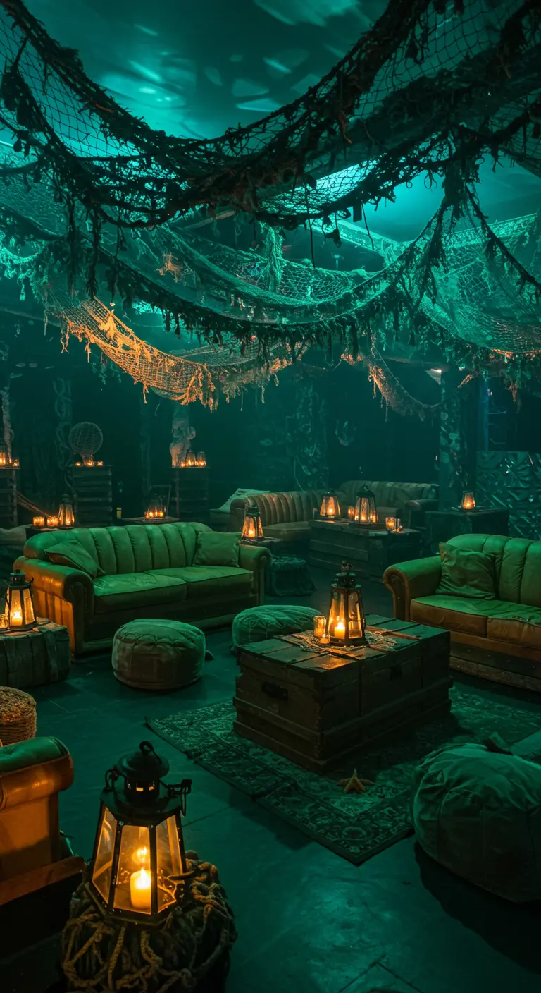 Salon lounge sombre éclairé en vert, avec des filets de pêche suspendus au plafond.