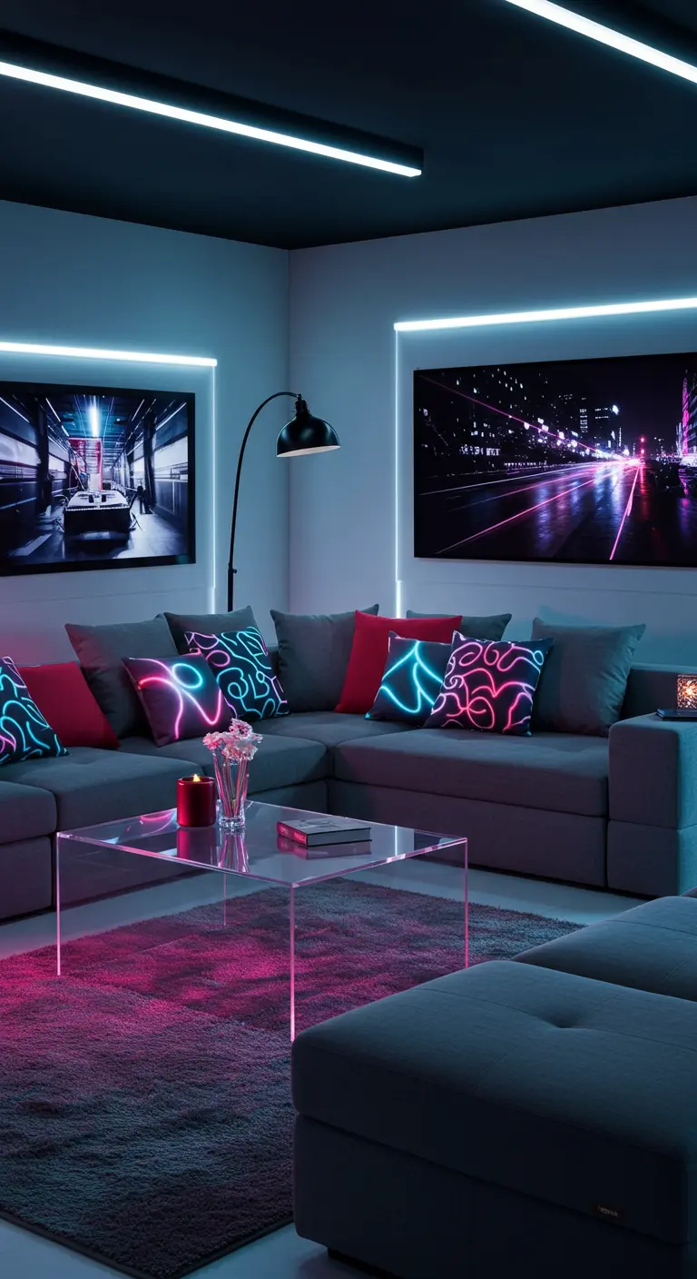 Canapé d'angle gris avec des coussins à motifs graphiques lumineux roses et bleus.