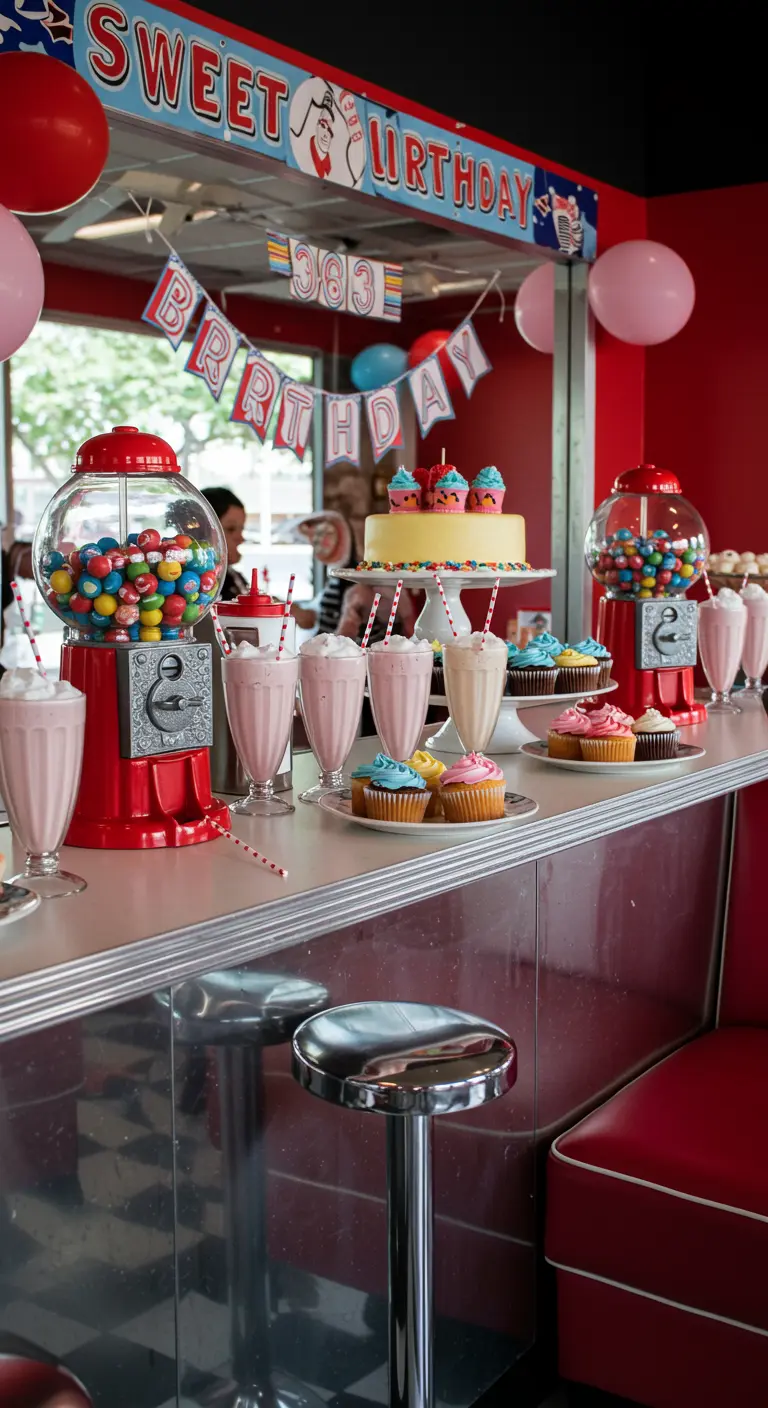 Buffet de fête style diner américain des années 50 avec distributeurs de bonbons.