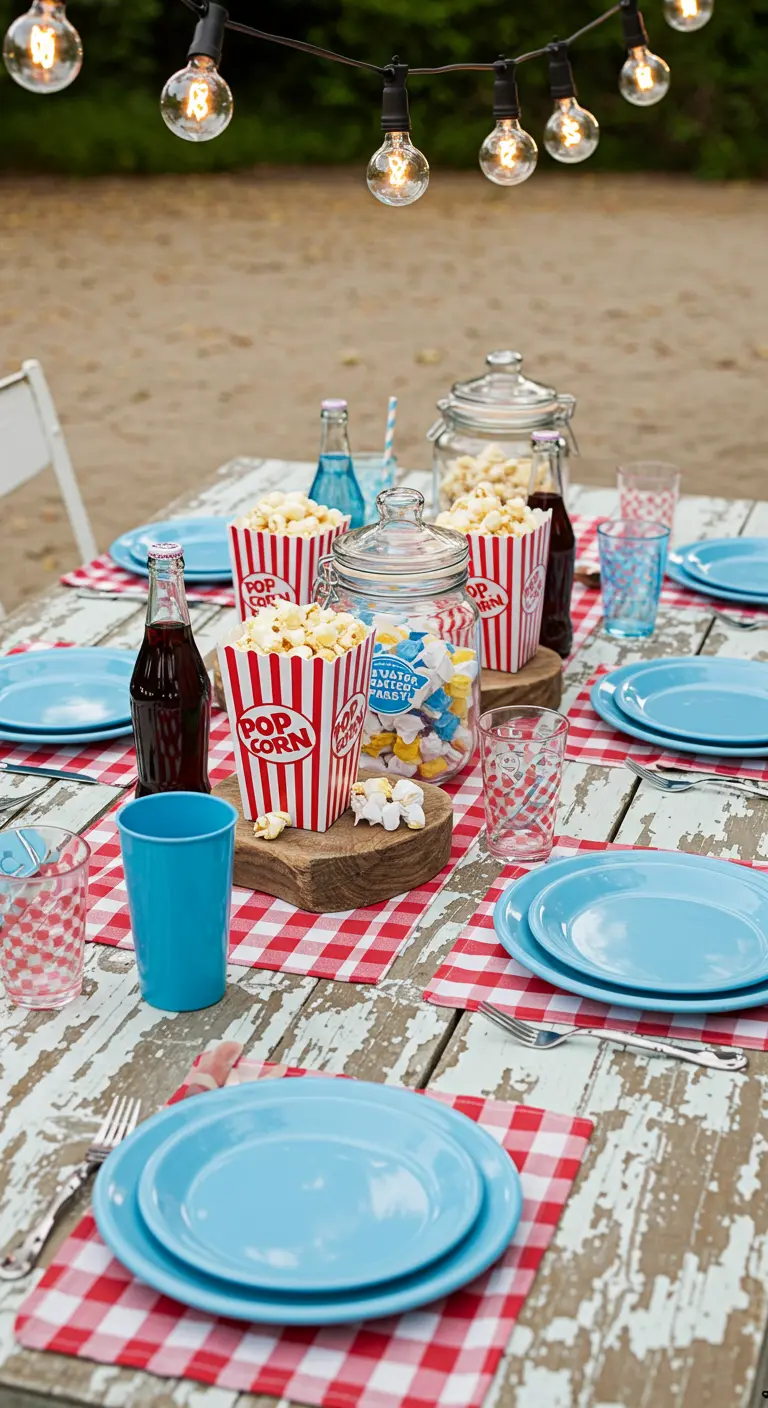 Table de fête décontractée avec sets à carreaux, boîtes de pop-corn et assiettes bleues.