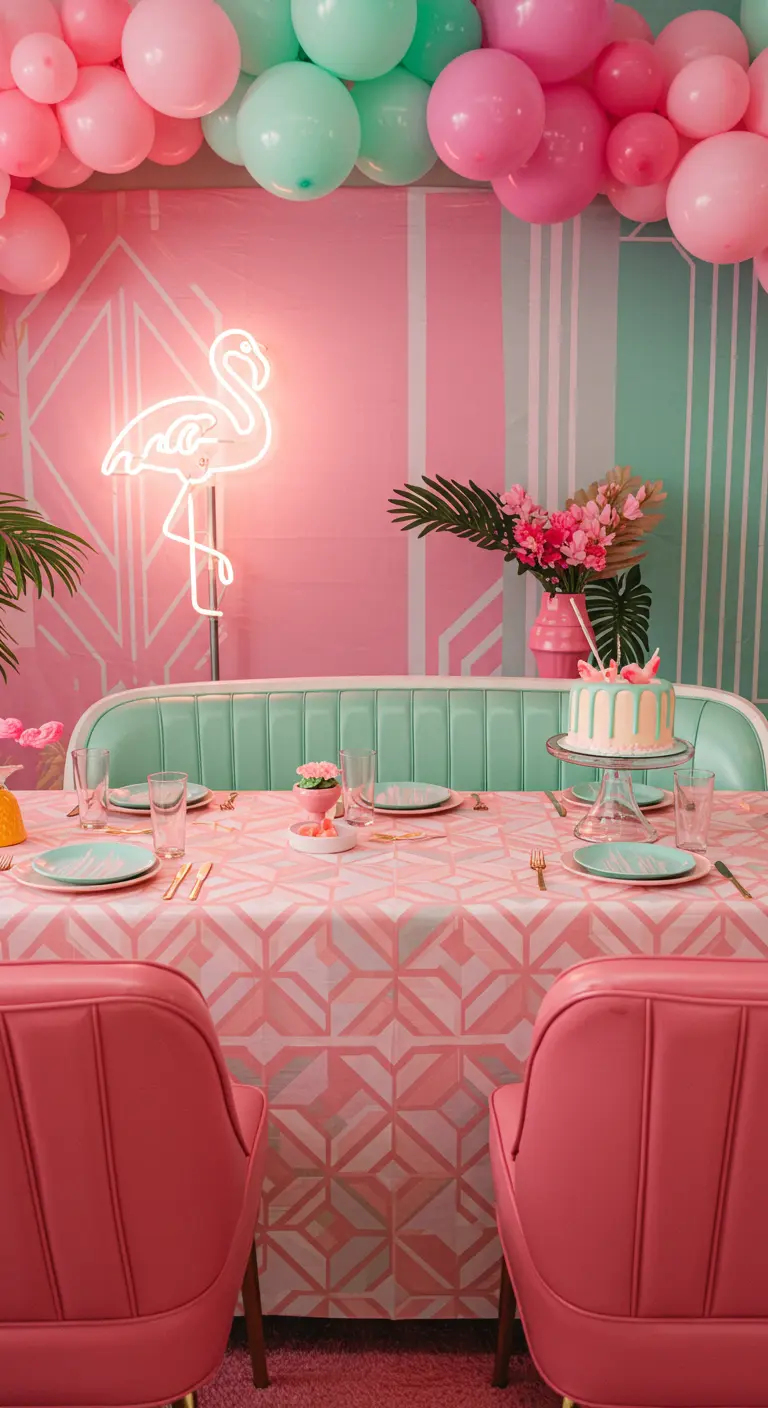 Table de fête rose et menthe dans un style diner rétro avec un néon flamant rose.