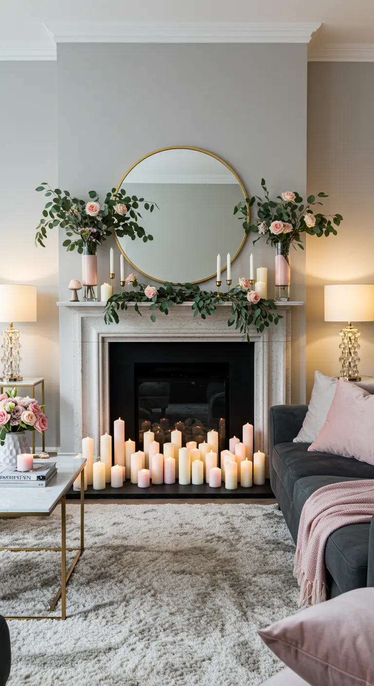Salon avec cheminée remplie de bougies, décorations florales pastel et grand miroir.