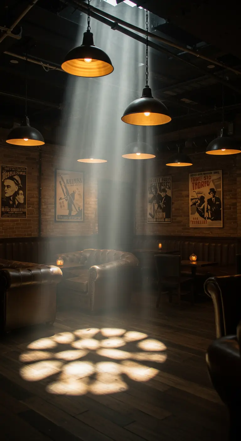 Intérieur sombre style speakeasy avec des affiches de film noir et des faisceaux de lumière.