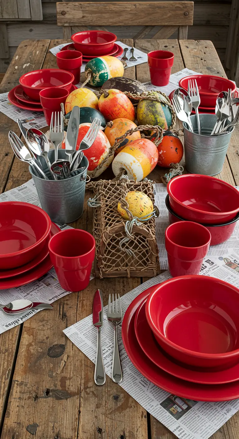 Table de déjeuner avec des sets en papier journal, de la vaisselle rouge et des bouées de pêche.