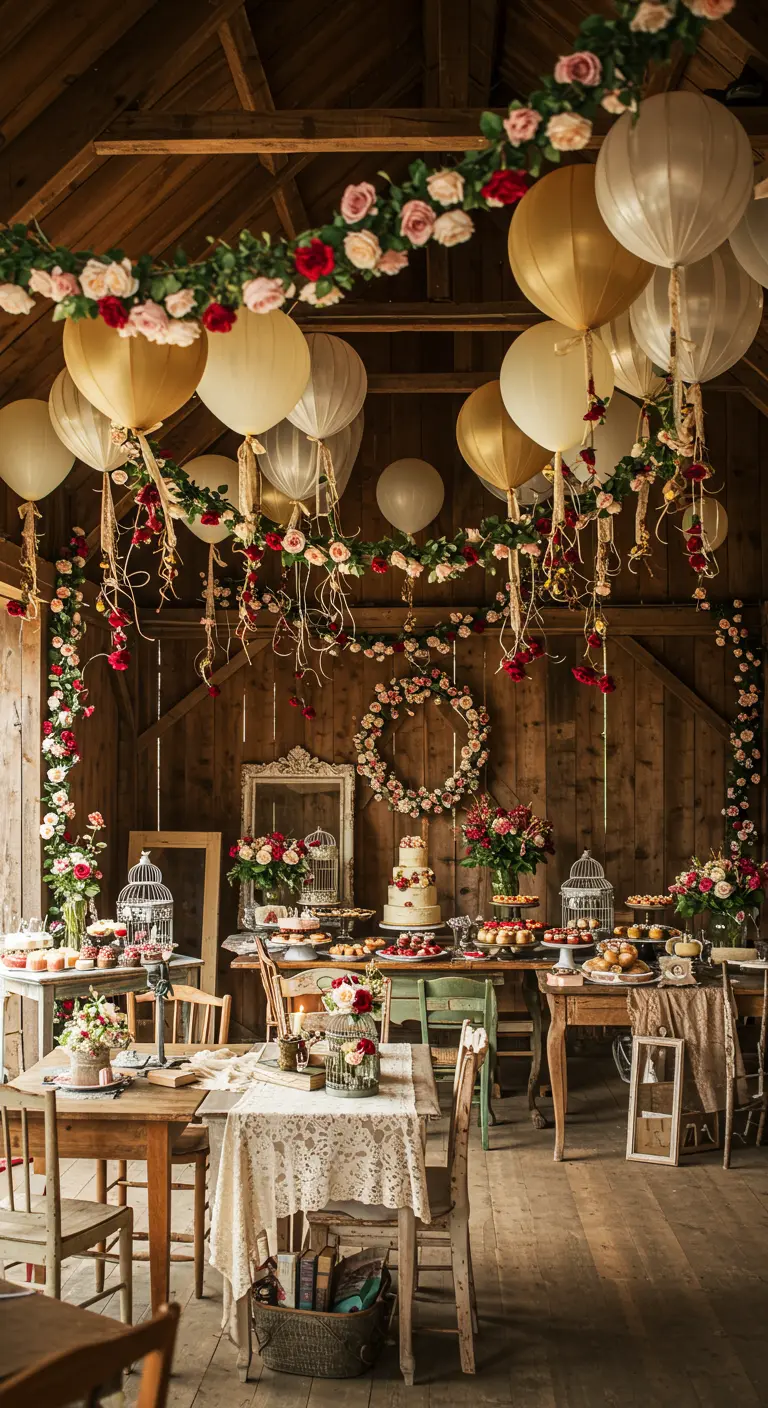 Intérieur de grange décoré de guirlandes de roses, ballons, meubles vintage et centres de table fleuris.
