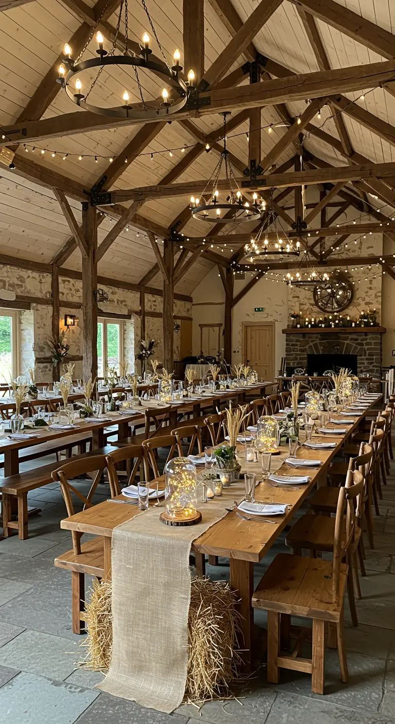 Longues tables de mariage rustiques avec chemins de table en jute, lumières et bottes de paille