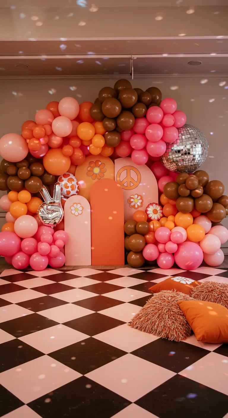 Arche de ballons rétro dans les tons orange, rose et marron pour une fête 70s.