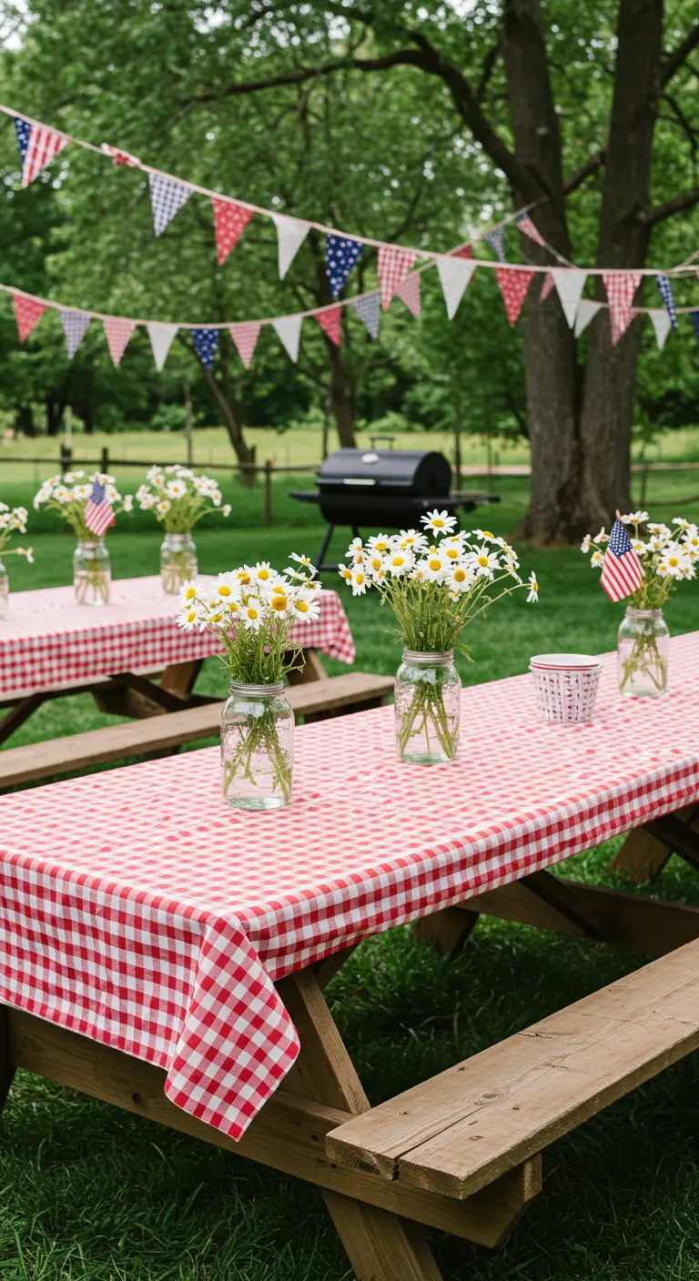 Tables de pique-nique avec nappes vichy rouges et blanches, bouquets de marguerites, guirlandes de fanions et barbecue.