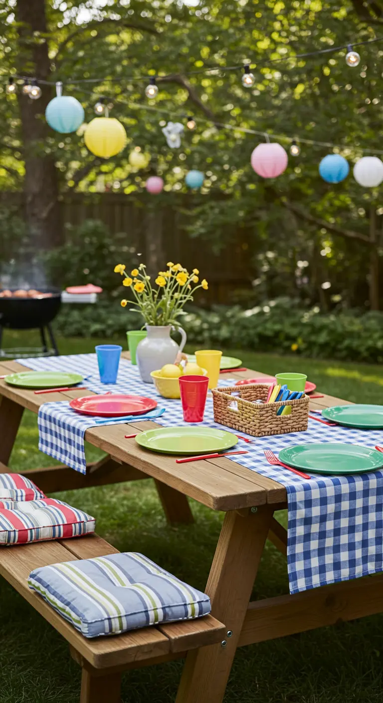 Table de pique-nique en bois avec nappe à carreaux bleus, vaisselle colorée et lampions suspendus.