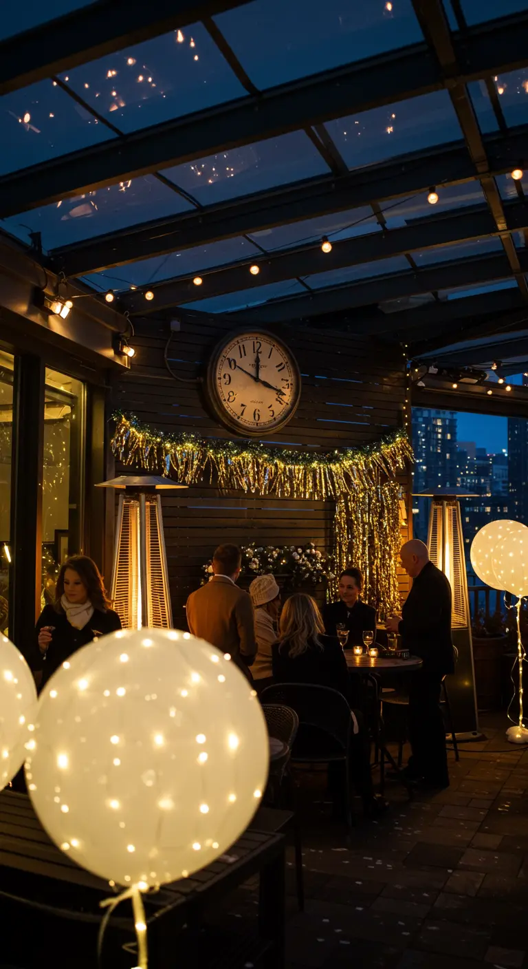 Terrasse de fête la nuit avec une horloge, des guirlandes et des ballons lumineux.