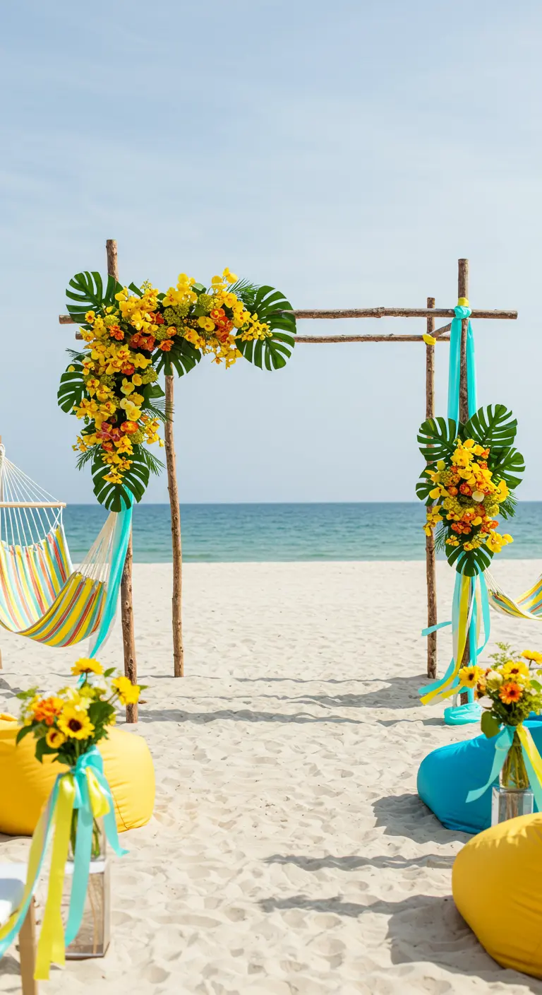 Arche en bambou, fleurs jaunes/oranges, monstera, rubans turquoise/jaune, hamacs, poufs.