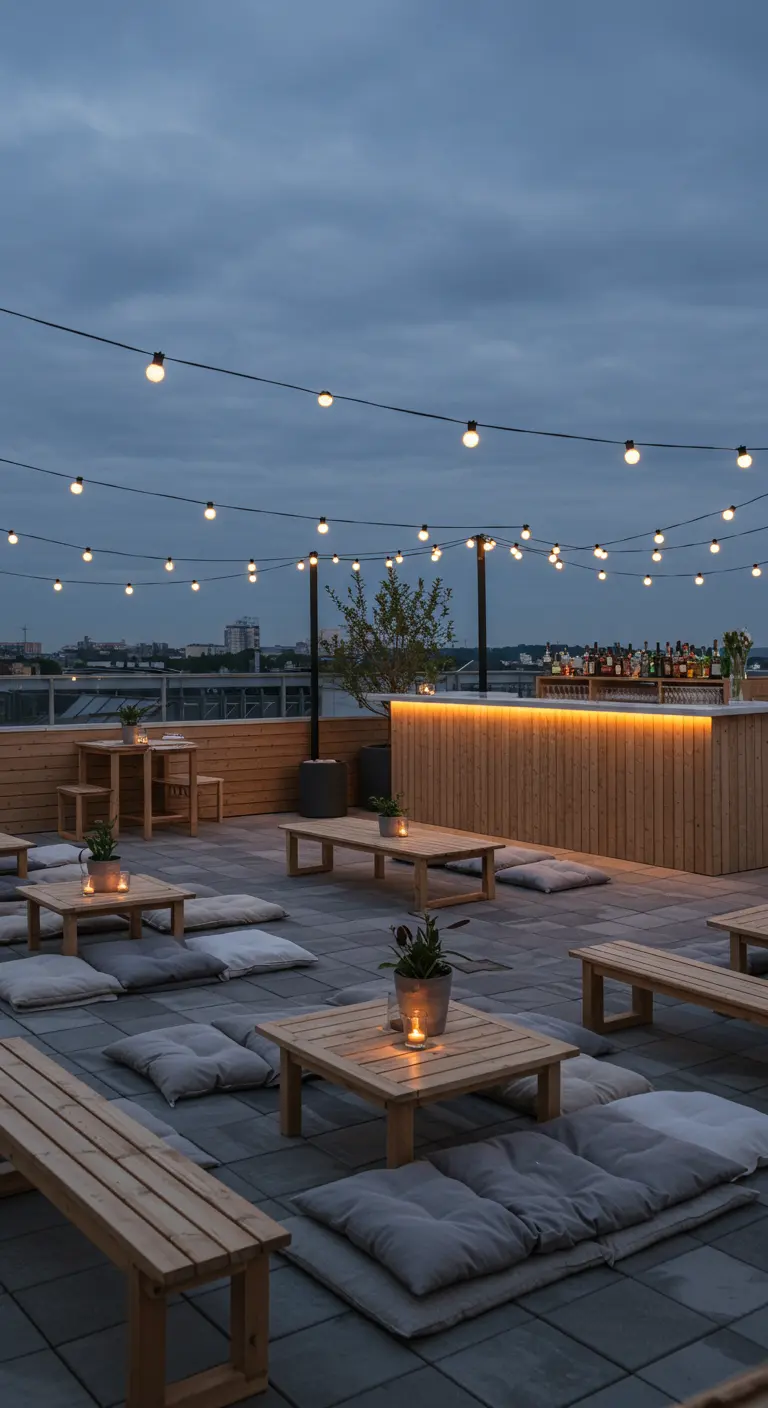Rooftop ambiance guinguette avec guirlandes d'ampoules, mobilier en bois clair et coussins de sol gris.
