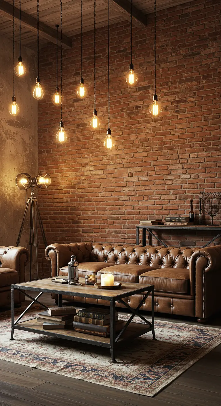 Salon industriel avec mur de briques, canapé Chesterfield et suspensions multiples.