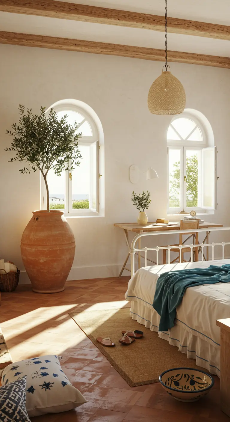 Chambre méditerranéenne avec olivier en pot et grandes fenêtres cintrées, sols en terre cuite.