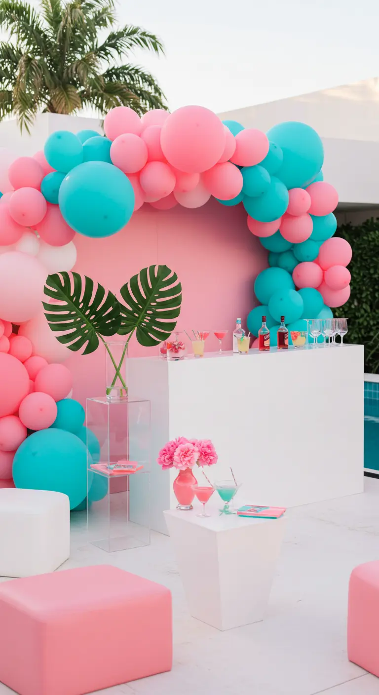 Bar de fête moderne avec une arche de ballons roses et turquoise et du mobilier blanc.