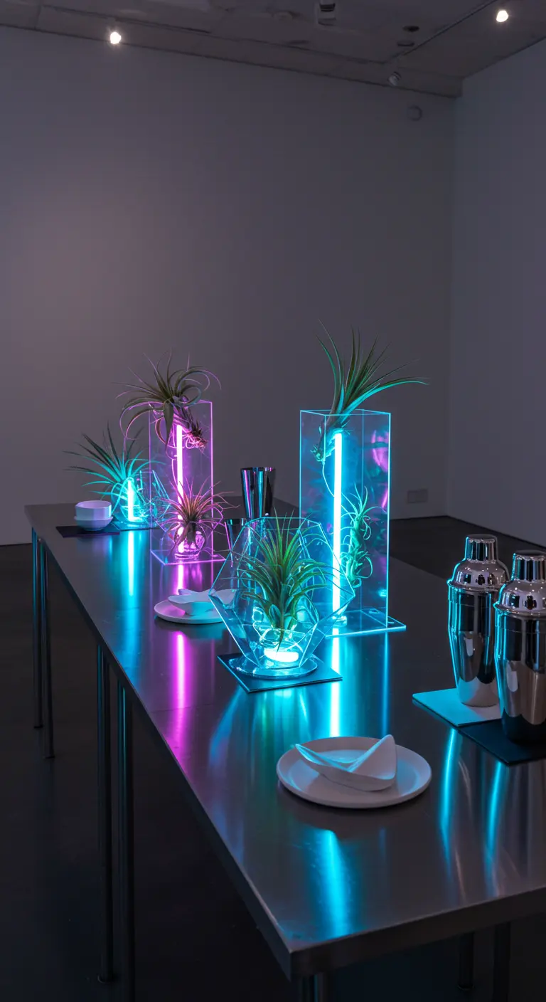 Table moderne avec des plantes aériennes éclairées par des néons bleus et roses dans des vases géométriques.