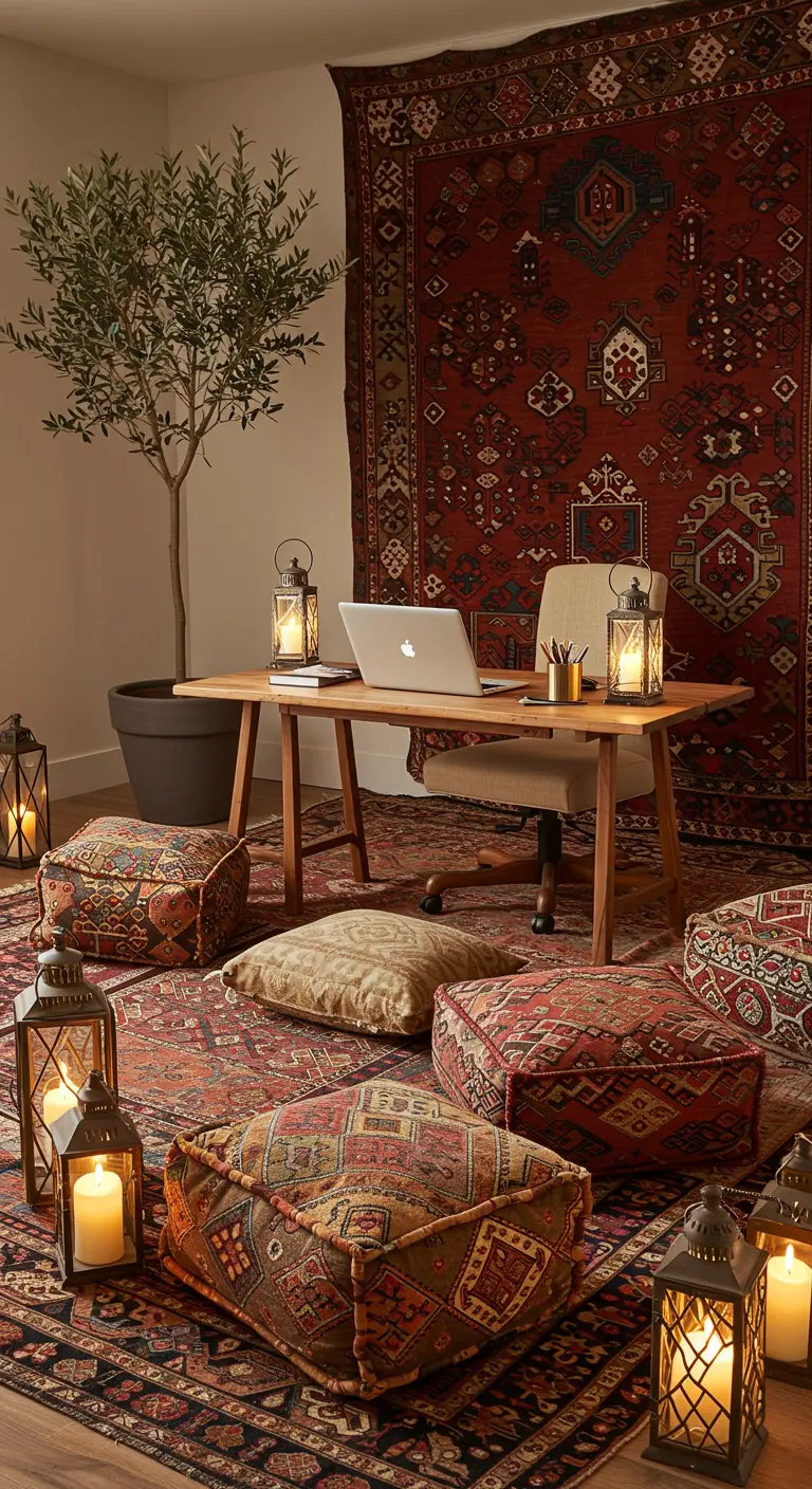 Espace de travail au sol avec coussins, tapis superposés et lanternes.