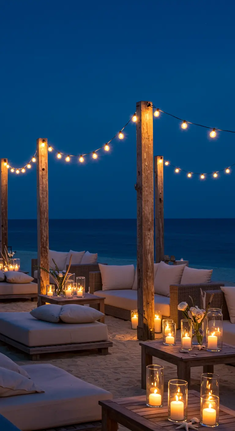 Terrasse sur la plage avec des canapés et de nombreuses bougies dans des photophores, sous des guirlandes lumineuses.