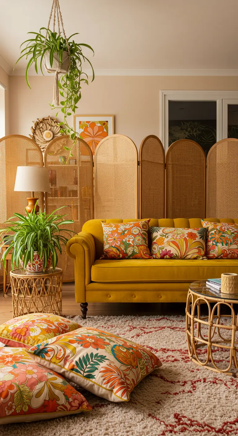 Salon d'inspiration seventies avec canapé en velours ocre, paravent en cannage et coussins fleuris.
