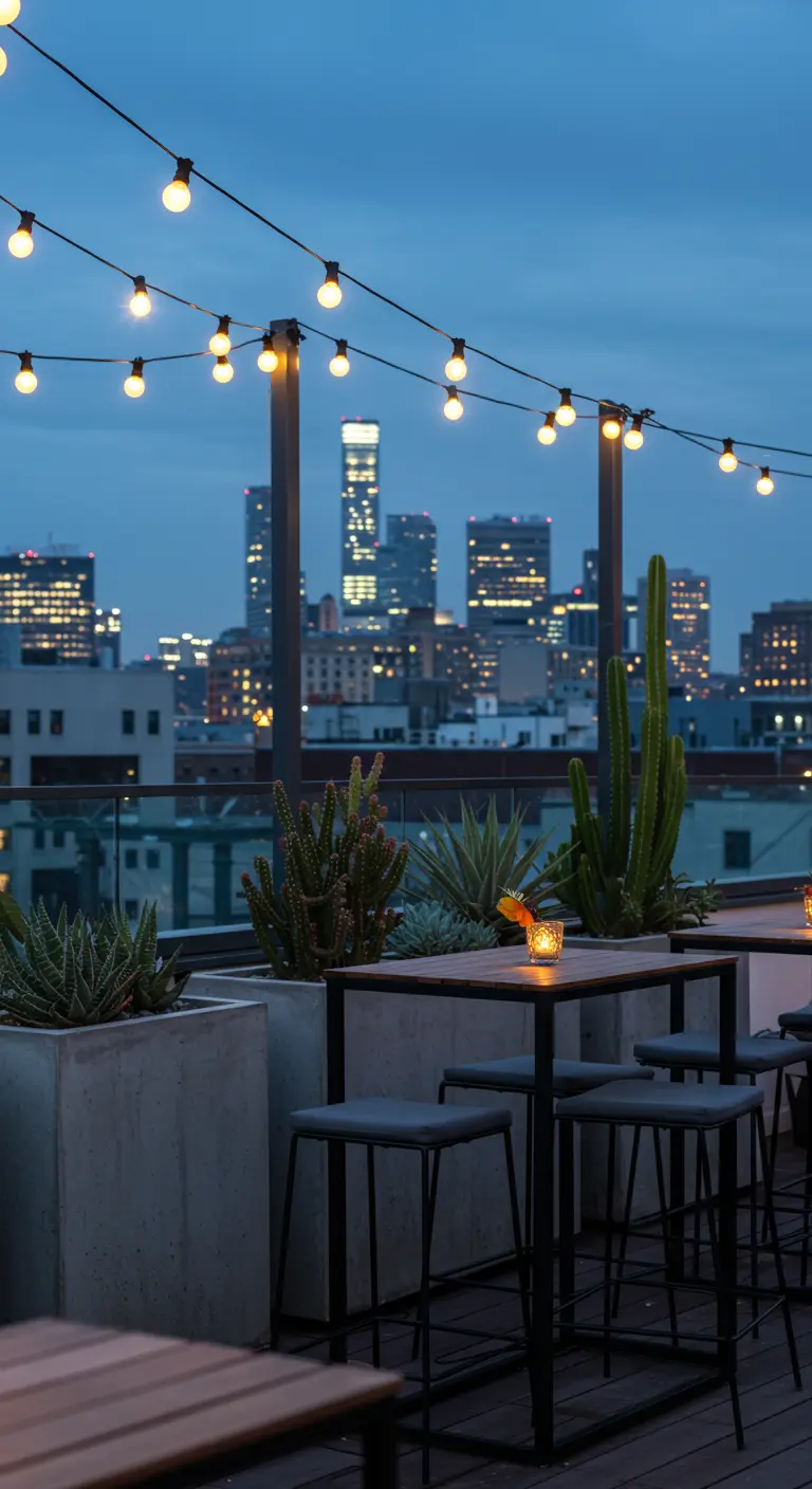 Rooftop urbain avec des cactus, des tabourets hauts et des guirlandes.