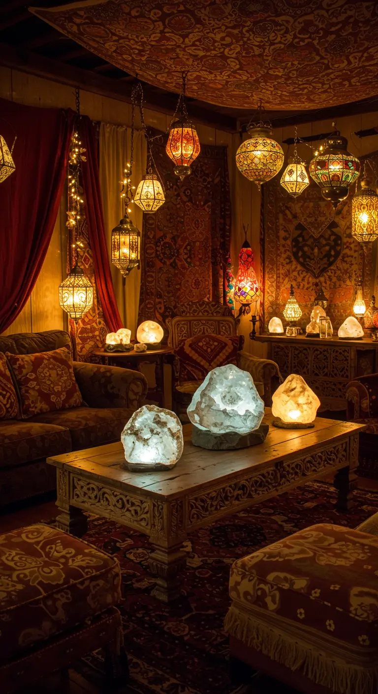 Salon de style bohème avec une table basse en bois et plusieurs lampes de sel de l'Himalaya lumineuses.