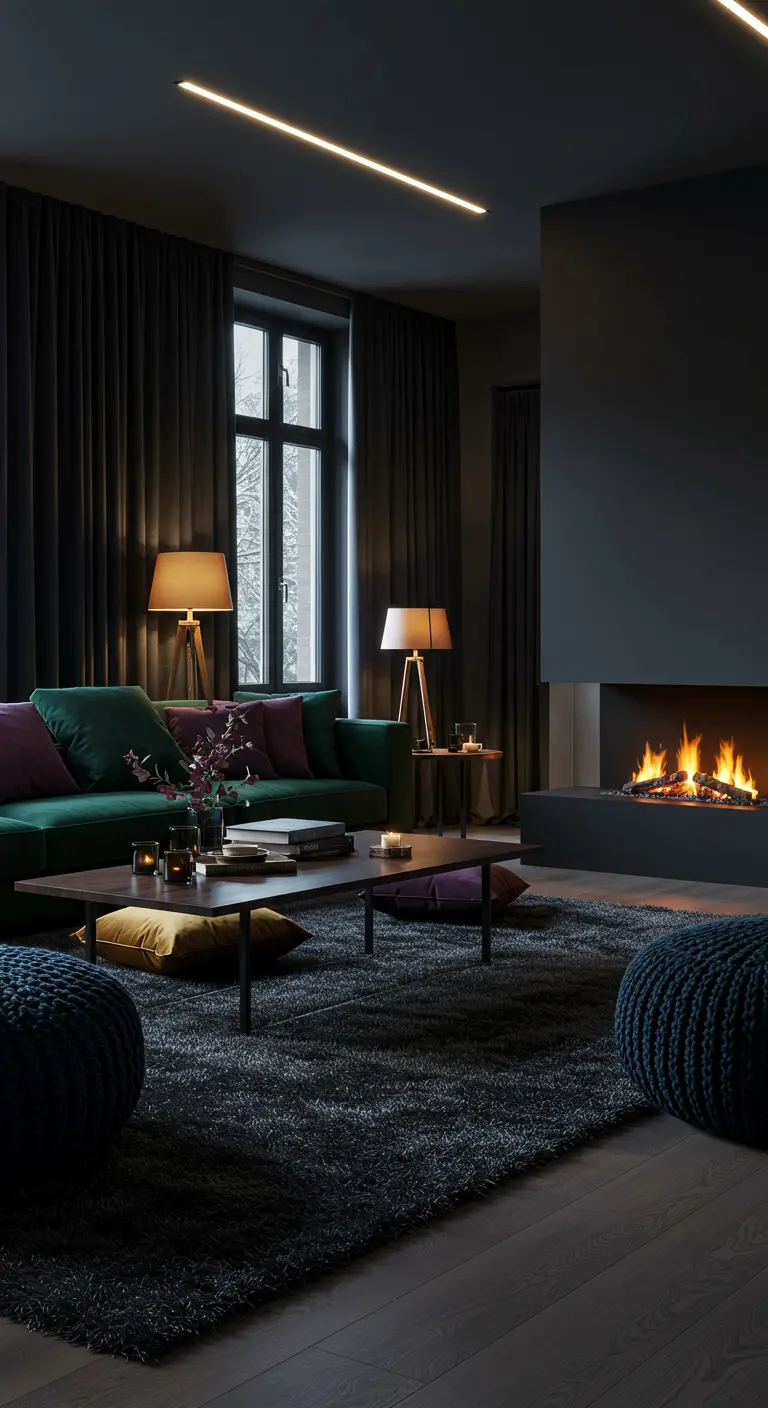 Salon sombre et luxueux avec canapé en velours vert, tapis gris profond, cheminée moderne et lumières tamisées.