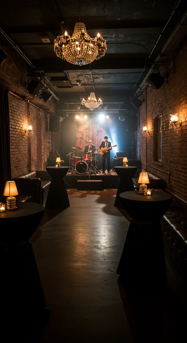 Un bar speakeasy faiblement éclairé avec un groupe de jazz sur scène.