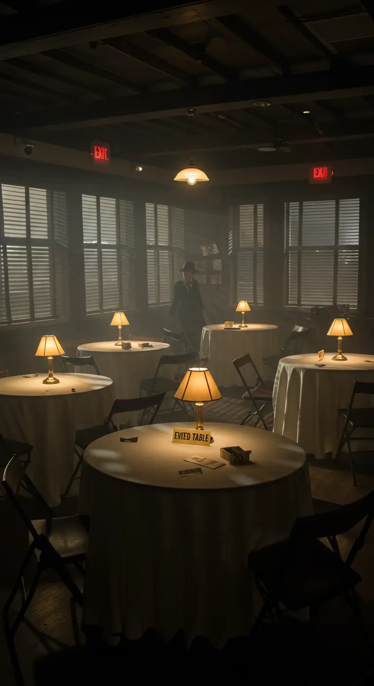 Ambiance de bar clandestin avec des tables rondes et des lampes tamisées.