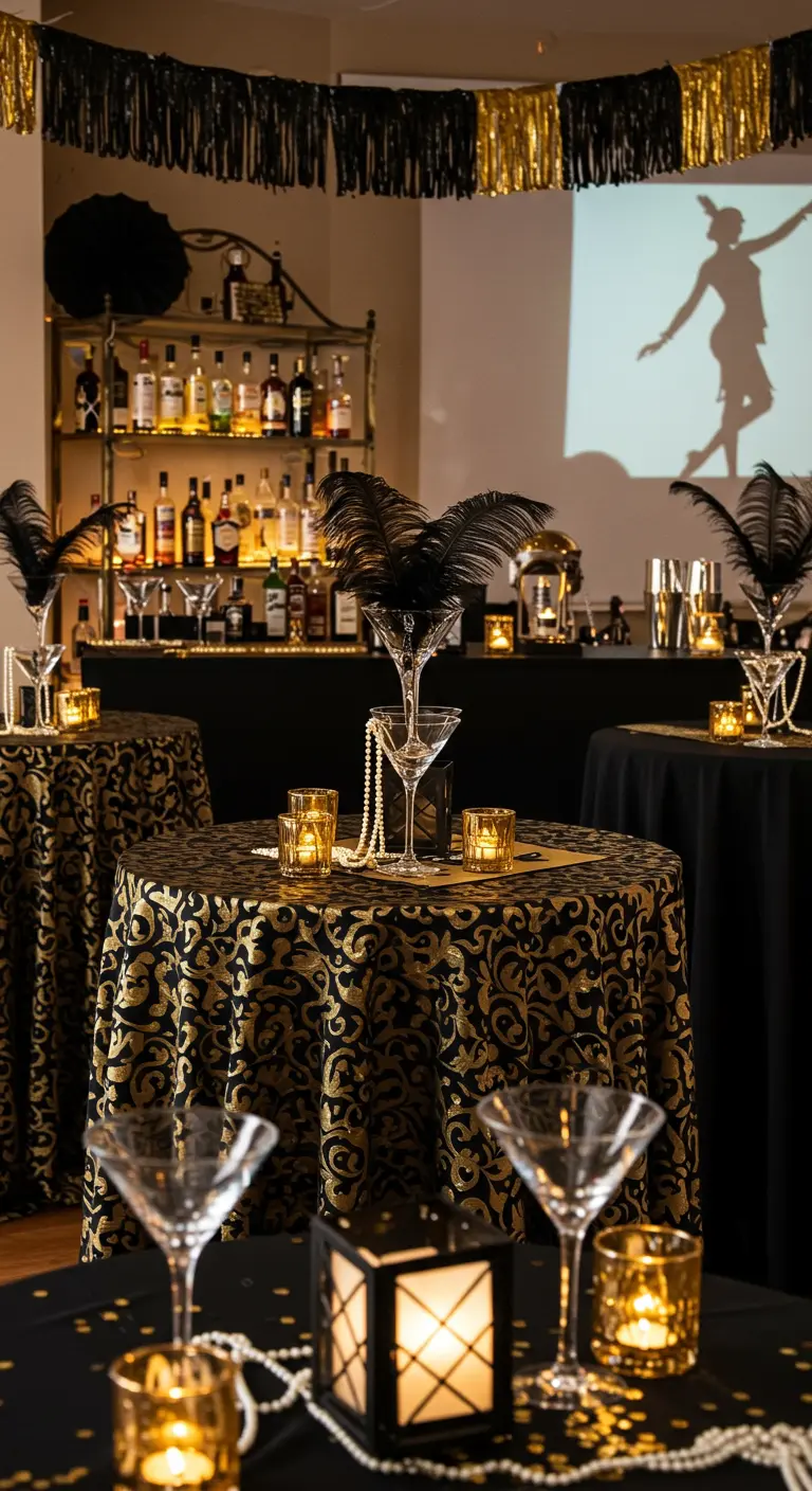 Tables de cocktail de style années 20 avec plumes, perles et bougies.