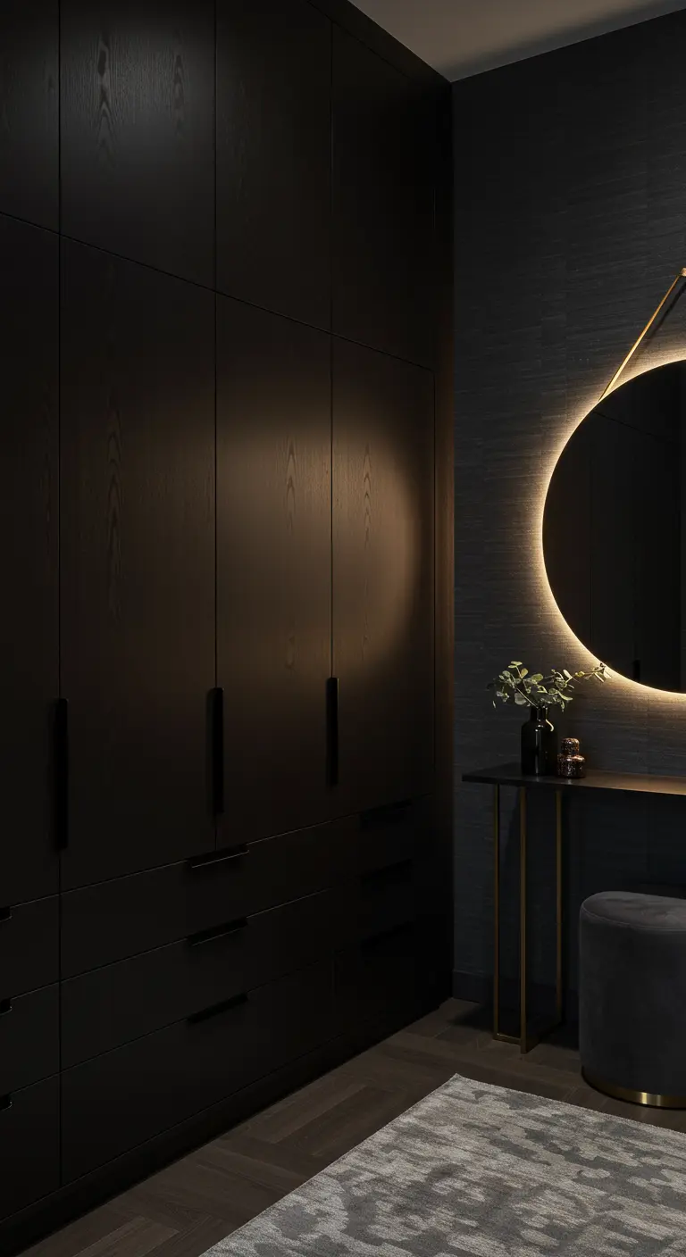 Dressing bois foncé avec éclairage caché et miroir rond lumineux.